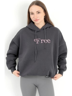 Kadın Füme Free Nakışlı Stoperli 3 Iplik Kapüşonlu Sweatshirt Hoodie - 5082