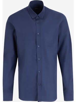 Fabrika Slim Fit Düğmeli Yaka Armürlü Lacivert Erkek Gömlek Maydos 403