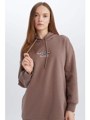 DeFacto Relax Fit Kapüşonlu Baskılı İçi Yumuşak Tüylü Kalın Sweatshirt Tunik E0841AX24WN