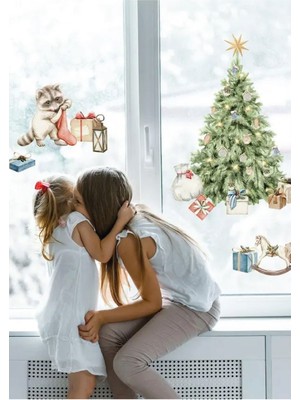 Tekno Trust Yılbaşı-Rakunun Hediyeleri Çocuk Bebek Odası Sticker Seti , Yılbaşı Süsü Yeni Yıl Kış Konsepti