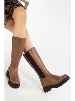 Analin Shoes Kadın  Deri Boydan Lastikli Fermuarlı Düz Çizme - Ceviz