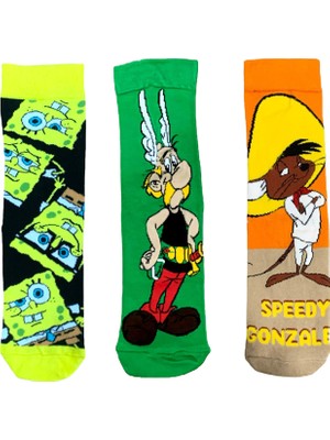 Al Bi 90Lık 3'lü Set Sünger Bob,Asterix ve Speedy Gonzales Temalı Pamuklu Soket Çorap