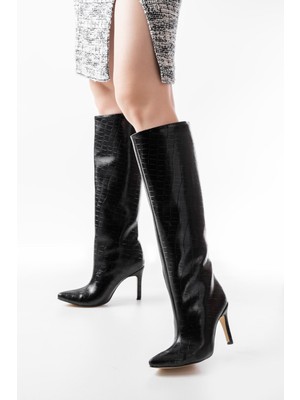 İnfon Ayakkabı Marketi SYT-2004 Siyah Kroko Kadın Çizme İnce Topuklu Şık Tasarım