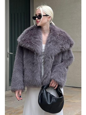 Füme Yumuşak Dokulu Kadın Kürk Mont MG2204