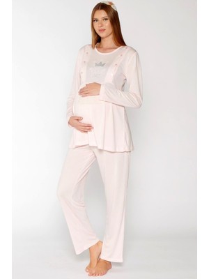 Flz Hamile Lohusa Uzun Kol Pijama Takımı Nakışlı Hastane Çıkışı Emzirme Detaylı Flz 24-62