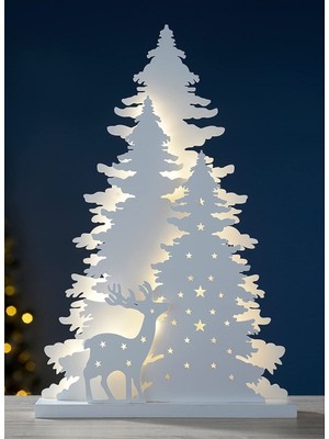 Tekno Trust Işıklı Beyaz Yılbaşı Ağacı Geyikli Pleksi Masa Dekorasyonu Noel Süsü 20 cm