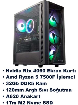 Ramtech Ryzen 5 7500F 32GB Ddr5 Ram Rtx 4060 1tb M2 SSD Sıvı Soğutmalı Güncel Sistem