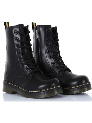 Stella Pendenza  Deri Siyah Kadın Bot Postal Ayakkabı Dr.martens Modeli Günlük Kış Fermuarlı Bağcıklı Çizme HB-240500M