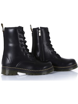 Stella Pendenza  Deri Siyah Kadın Bot Postal Ayakkabı Dr.martens Modeli Günlük Kış Fermuarlı Bağcıklı Çizme HB-240500M