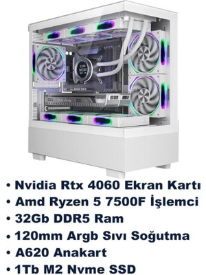 Ramtech V3 Ryzen 5 7500F 32GB Ddr5 Ram Rtx 4060 1tb M2 SSD Sıvı Soğutmalı Güncel Sistem