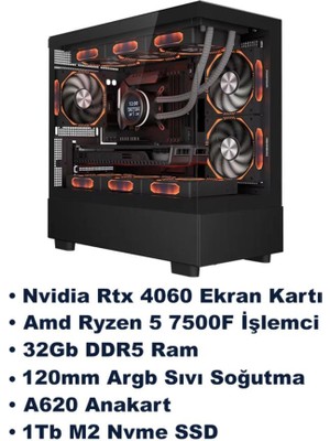 Ramtech V4 Ryzen 5 7500F 32GB Ddr5 Ram Rtx 4060 1tb M2 SSD Sıvı Soğutmalı Güncel Sistem