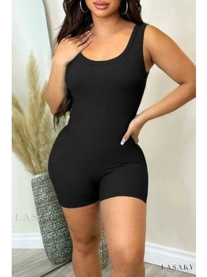 Kadın Kalın Askılı Bodycon Kaşkorse Şort Tulum