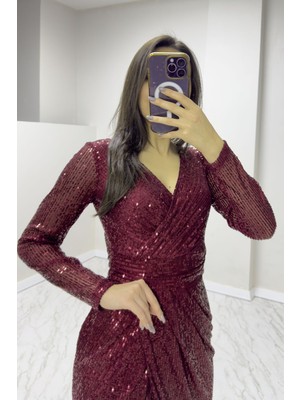 The ZKS Kadın Kruvaze Yaka Payet Tasarım Uzun Kollu Abiye Elbise Siyah, Kırmızı, Bordo, Zümrüt Yeşil,Saks, Bej, Pudra, Lacivert, Beyaz