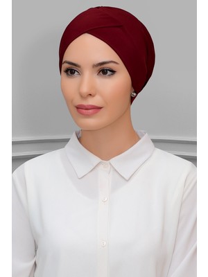 Hürrem Bone Bordo Pratik Hazır Geçmeli Tesettür Bone Sandy Kumaş Çapraz Büzgülü 1801_16
