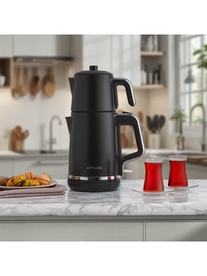 Aryıldız Tea Style Siyah Çay Makinesi 0,8 L Çelik Demlik ve 1,7 L Su Isıtıcı ile Hızlı Demleme