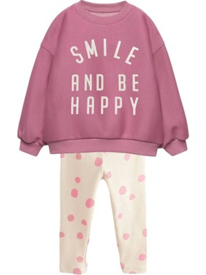 Ladin Store Yeni Sezon Kız Çocuk Pamuklu Pembe Renk Smile&happy Baskılı Sweatshirt ve Taytlı Alt-Üst Takım