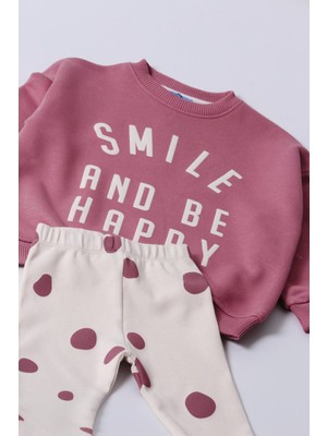 Ladin Store Yeni Sezon Kız Çocuk Pamuklu Pembe Renk Smile&happy Baskılı Sweatshirt ve Taytlı Alt-Üst Takım