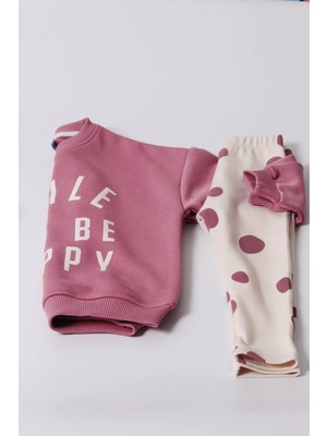 Ladin Store Yeni Sezon Kız Çocuk Pamuklu Pembe Renk Smile&happy Baskılı Sweatshirt ve Taytlı Alt-Üst Takım