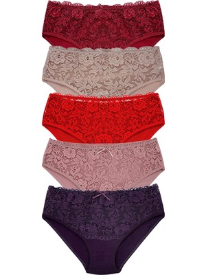 Hnx 5'li Ön Bel Dantel Detaylı Pamuklu Yüksek Bel Büyük Beden Kadın Külot