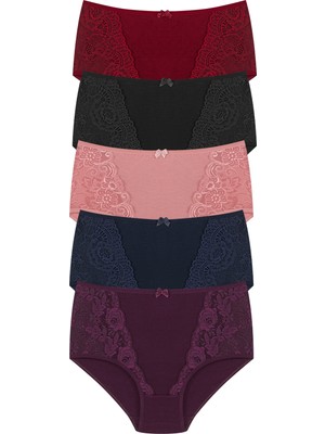 Hnx 5'li Dantel Detaylı Pamuklu Yüksek Bel Büyük Beden Kadın Külot