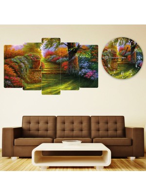 Zevahir Mobilya Dekorasyon 5 Parça Mdf Ilkbahar Doğa Manzara Tablo ve Mdf Saat Kombin