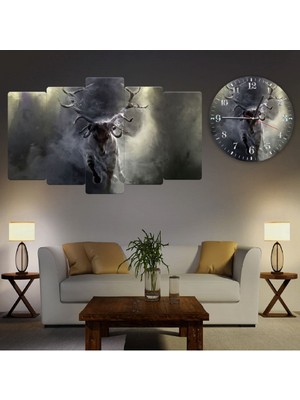 Zevahir Mobilya Dekorasyon Zevahir 5 Parça Mdf Geyik Tablo Ve Mdf Saat Kombin