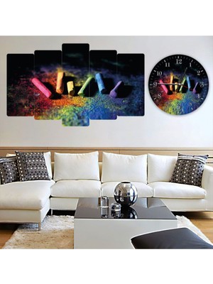 Zevahir Mobilya Dekorasyon Zevahir 5 Parça Mdf Renkli Tebeşirler Tablo Ve Mdf Saat Kombin