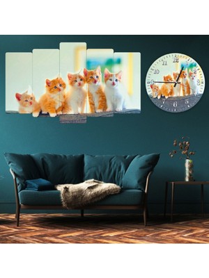 Zevahir Mobilya Dekorasyon 5 Parça Mdf Yavru Kediler Tablosu Ve Mdf Saat Kombin