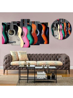 Zevahir Mobilya Dekorasyon Zevahir 5 Parça Mdf Renkli Gitar Tablo Ve Mdf Saat Kombin