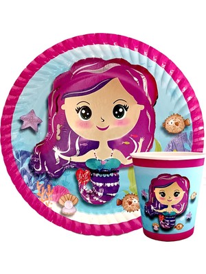 Deniz Kızı Baskılı Tabak Bardak Set 8'Li