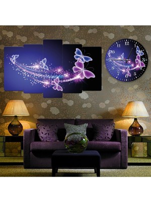 Zevahir Mobilya Dekorasyon Zevahir 5 Parça Mdf Parlak Kelebekler Tablo Ve Mdf Saat Kombin