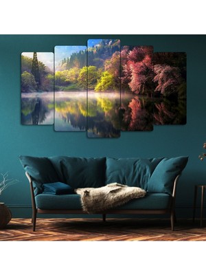 Zevahir Mobilya Dekorasyon 5 Parça Mdf Göl Kenarı Renkli Ağaçlar Manzara Tablosu