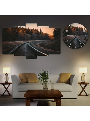 Zevahir Mobilya Dekorasyon 5 Parça Mdf Tren Rayları Tablo ve Mdf Saat Kombin