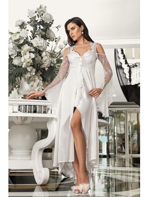 Imaj 3204 Ekru Renk Saten Transparan 2li Gecelik Takımı