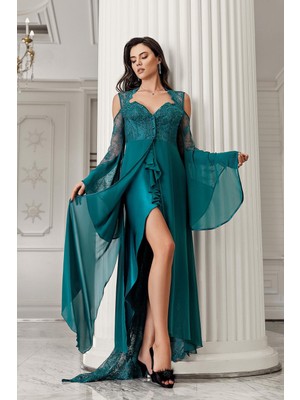 Imaj 3204 Zümrüt Renk Saten Transparan 2li Gecelik Takımı