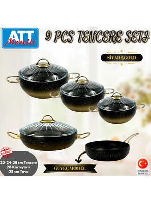 Att Morelli Granit 9 Pcs Güveç Tencere Seti Siyah&gold ( 3 Adet Tencere & Pilavlık Karnıyarık & Tava) 3 mm