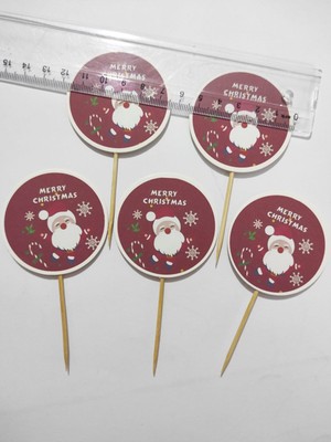 Beyhan Bayhan 30 Adet Dekoratif Yuvarlak Bayraklı Merry Christmas Baskılı Yılbaşı Kürdanı 6,5 cm