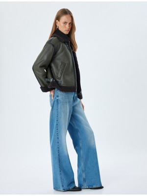 Koton Suni Deri Kısa Oversize Biker Ceket Suni Kürklü Peluş Astarlı Cepli