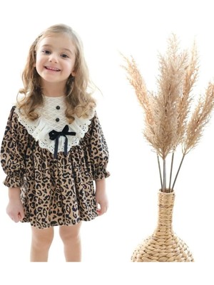 Bilge Trend Kız Çocuk Leopar Desenli Yakası Fisto Detaylı Doğum Günü, Konsept Özel Gün, Bayramlık Elbise