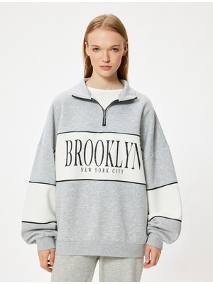 Koton Oversize Sweatshirt Yarım Fermuarlı Kolej Baskılı Renk Bloklu Şardonlu