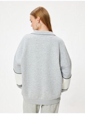 Koton Oversize Sweatshirt Yarım Fermuarlı Kolej Baskılı Renk Bloklu Şardonlu