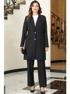 Parla Uzun Ceket Pantolon Ikili Tesettür Takım Siyah