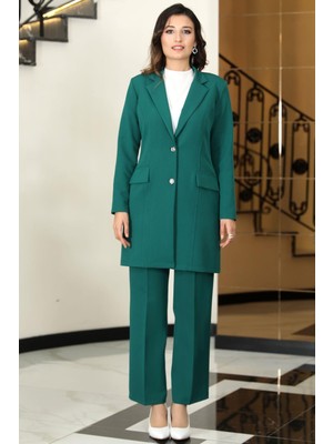Parla Uzun Ceket Pantolon Ikili Tesettür Takım Zümrüt