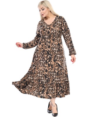 Melsay Butik Kışlık Robalı Yumoş Uzun Kollu Leopar Desenli Cepli Elbise