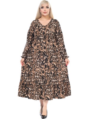 Melsay Butik Kışlık Robalı Yumoş Uzun Kollu Leopar Desenli Cepli Elbise