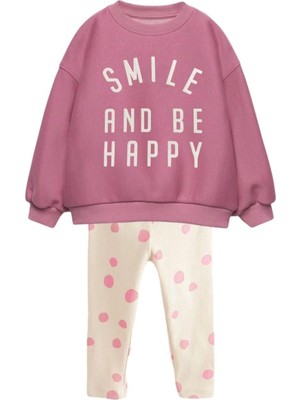 Smile Desenli Kışlık Pamuklu Sweatshirt Jogger Tayt Alt-Üst Takım Kız Çocuk