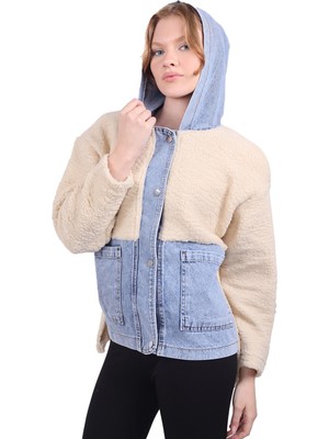 9063 Kapüşonlu Kot Detay Peluş Mont Taş