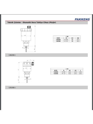 Pakkens Otomatik Hava Tahliye Prujörü / Havatahliye Cihazı 1/2" 33MM