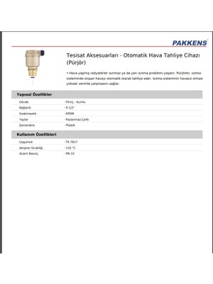 Pakkens Otomatik Hava Tahliye Prujörü / Havatahliye Cihazı 1/2" 33MM