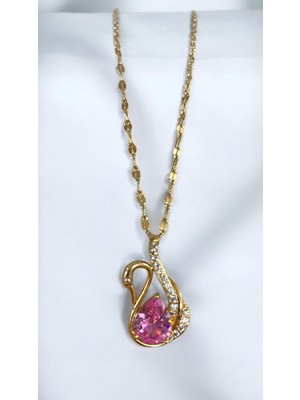 Jewelry Çelik Taşlı Kuğu Model Pembe Damla Taşlı Gold Renk Çelik Kolye 316L